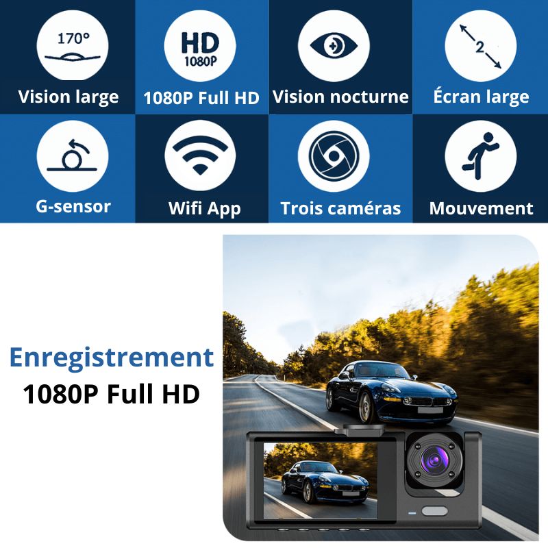 Dashcam UrbanView V2 - Camera embarquée pour voiture Full HD 1080P, Triple Caméra