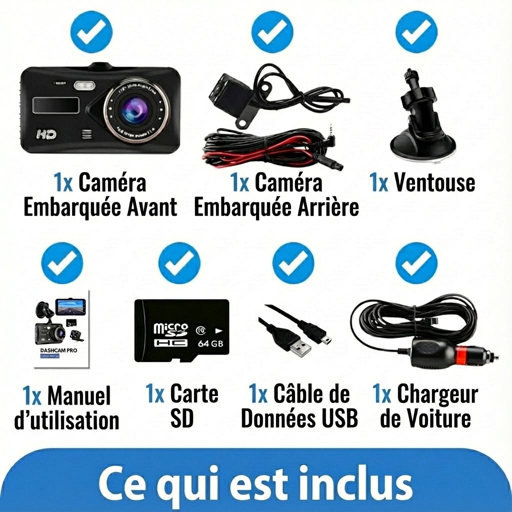 Dashcam 1080P - Double caméra, vision nocturne et G-sensor