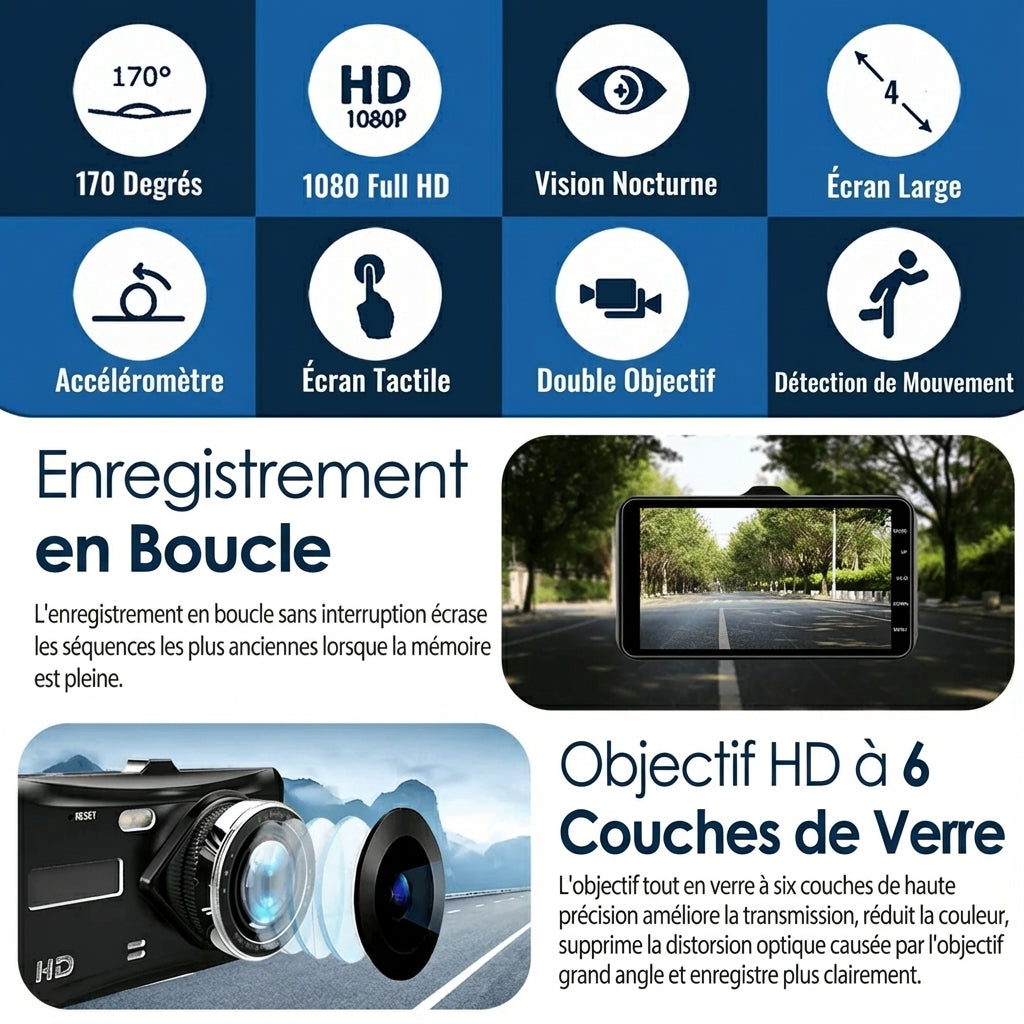 Dashcam 1080P - Double caméra, vision nocturne et G-sensor