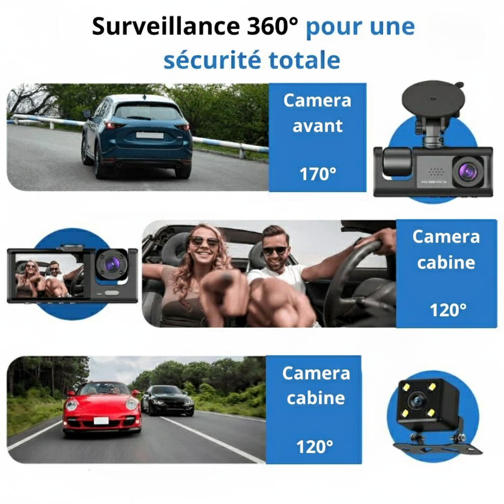 Dashcam UrbanView V2 - Camera embarquée pour voiture Full HD 1080P, Triple Caméra